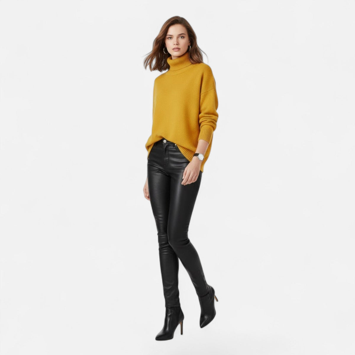 Women's Chunky Knit Turtleneck Sweater in Yellow - alternate angle showing fit and fabric detail