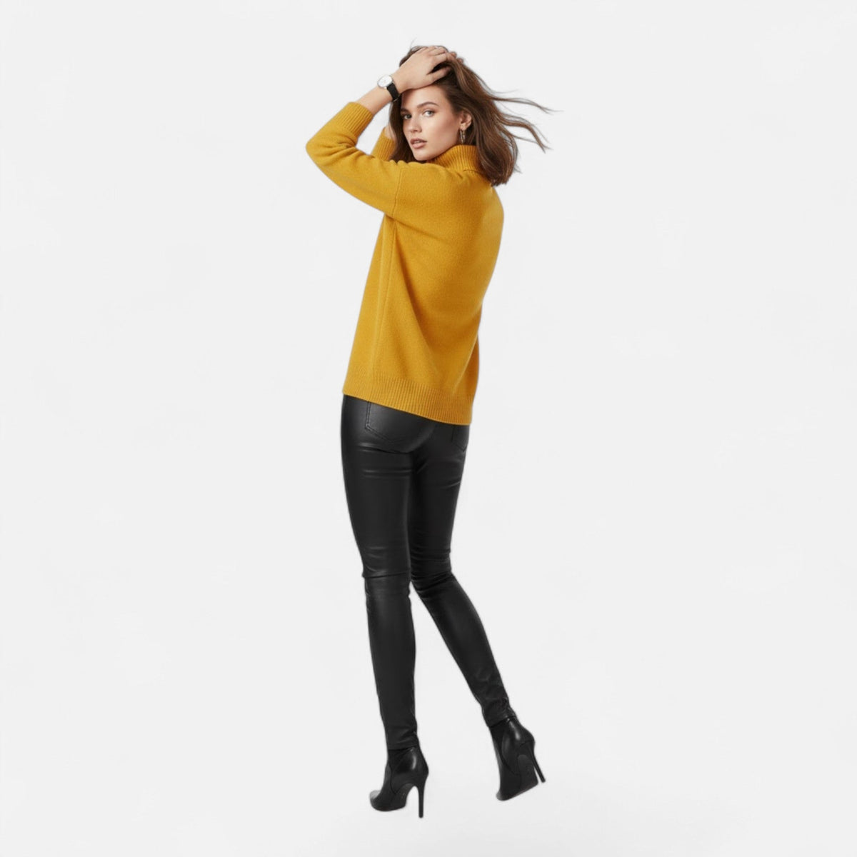 Women's Chunky Knit Turtleneck Sweater in Yellow - alternate angle showing fit and fabric detail