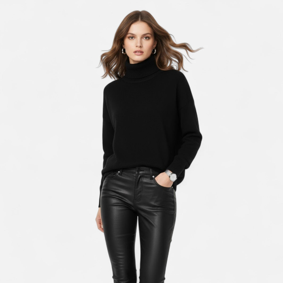 Women's Chunky Knit Turtleneck Sweater in Black - alternate angle showing fit and fabric detail