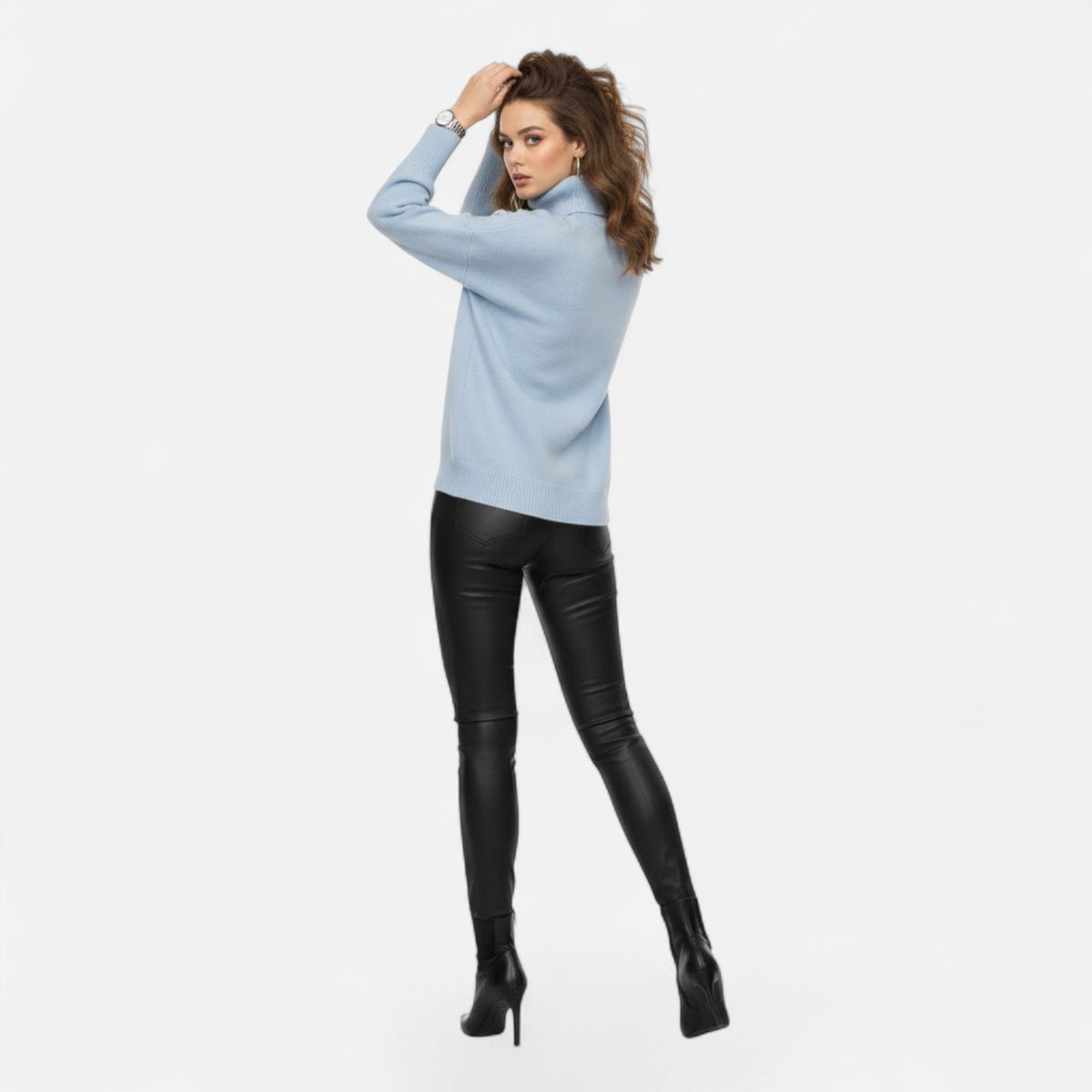 Women's Chunky Knit Turtleneck Sweater in Sky Blue - alternate angle showing fit and fabric detail