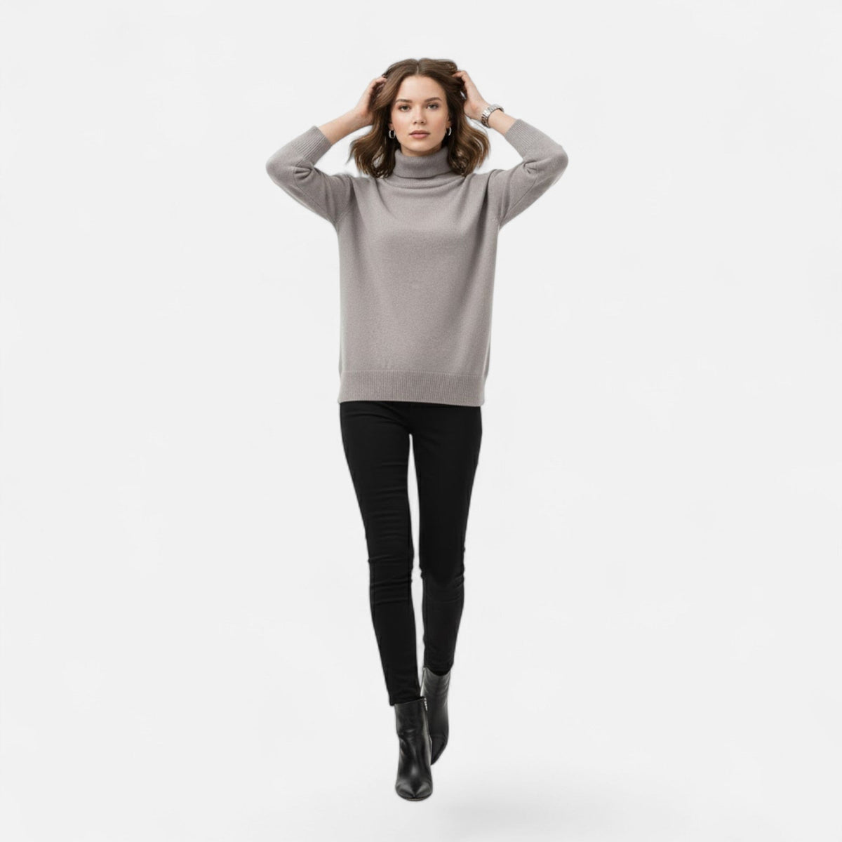 Women's Chunky Knit Turtleneck Sweater in Grey - alternate angle showing fit and fabric detail