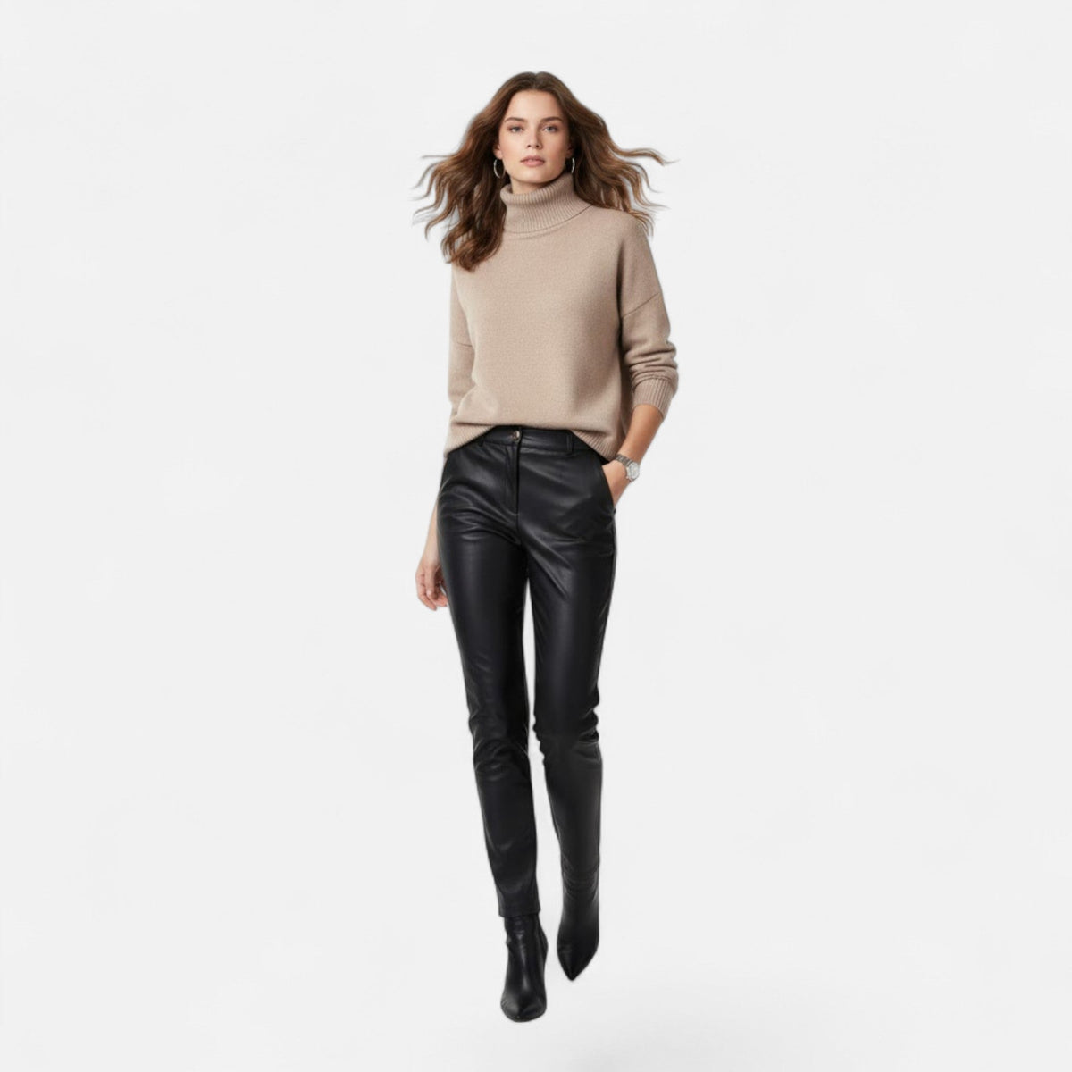 Women's Chunky Knit Turtleneck Sweater in Grey - alternate angle showing fit and fabric detail