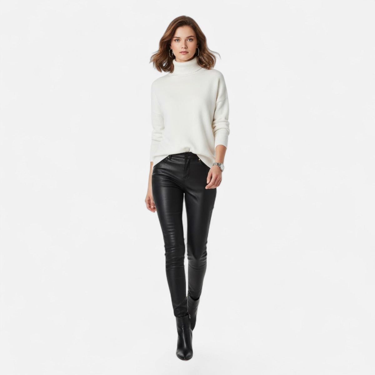 Women's Chunky Knit Turtleneck Sweater in Khaki - alternate angle showing fit and fabric detail