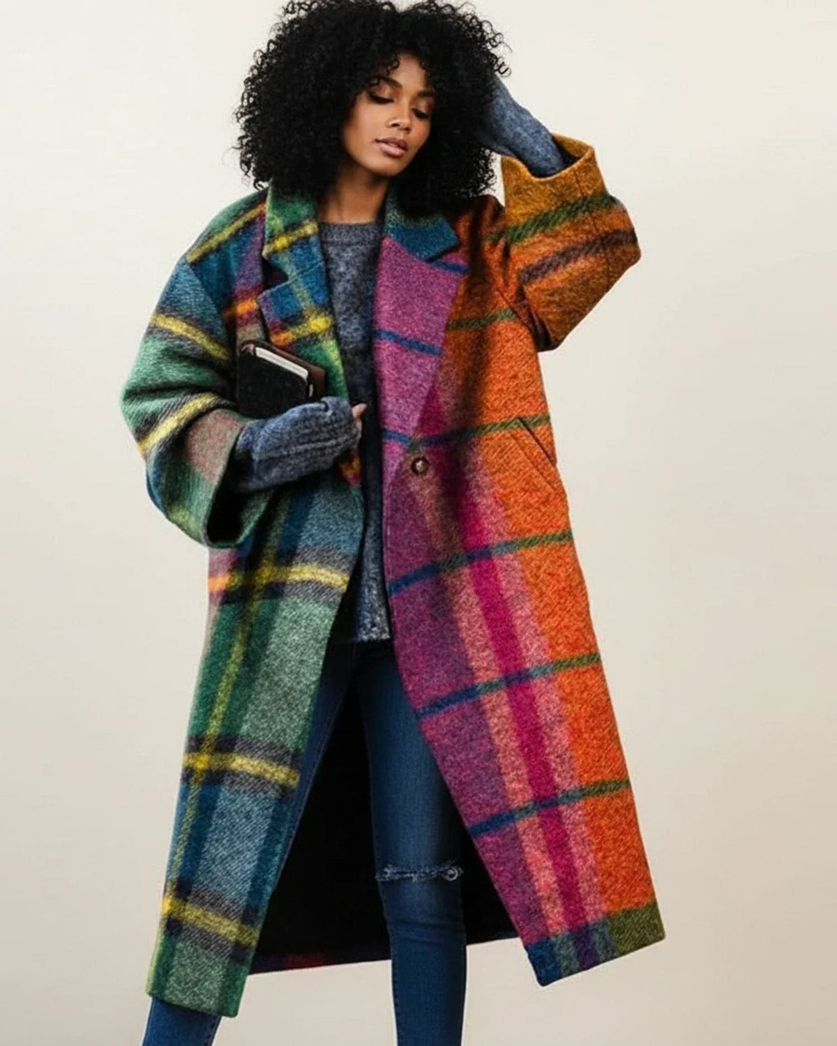 Women's Colour Block Long Coat in Multicolor - front view