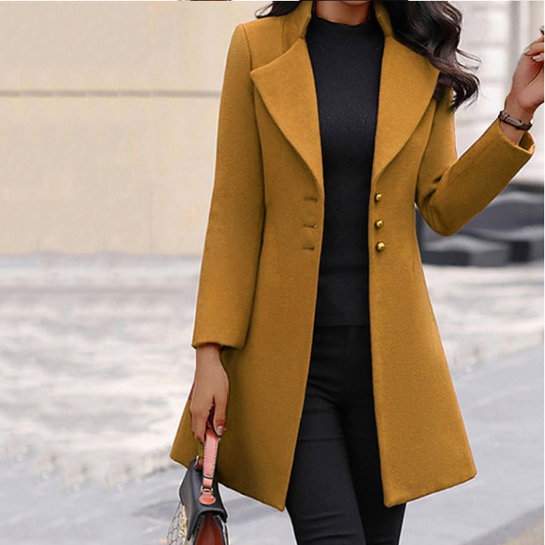 Women's Notch Lapel Long Coat in Yellow - front view