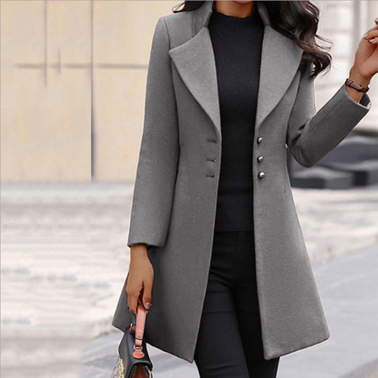 Women's Notch Lapel Long Coat in Grey - front view