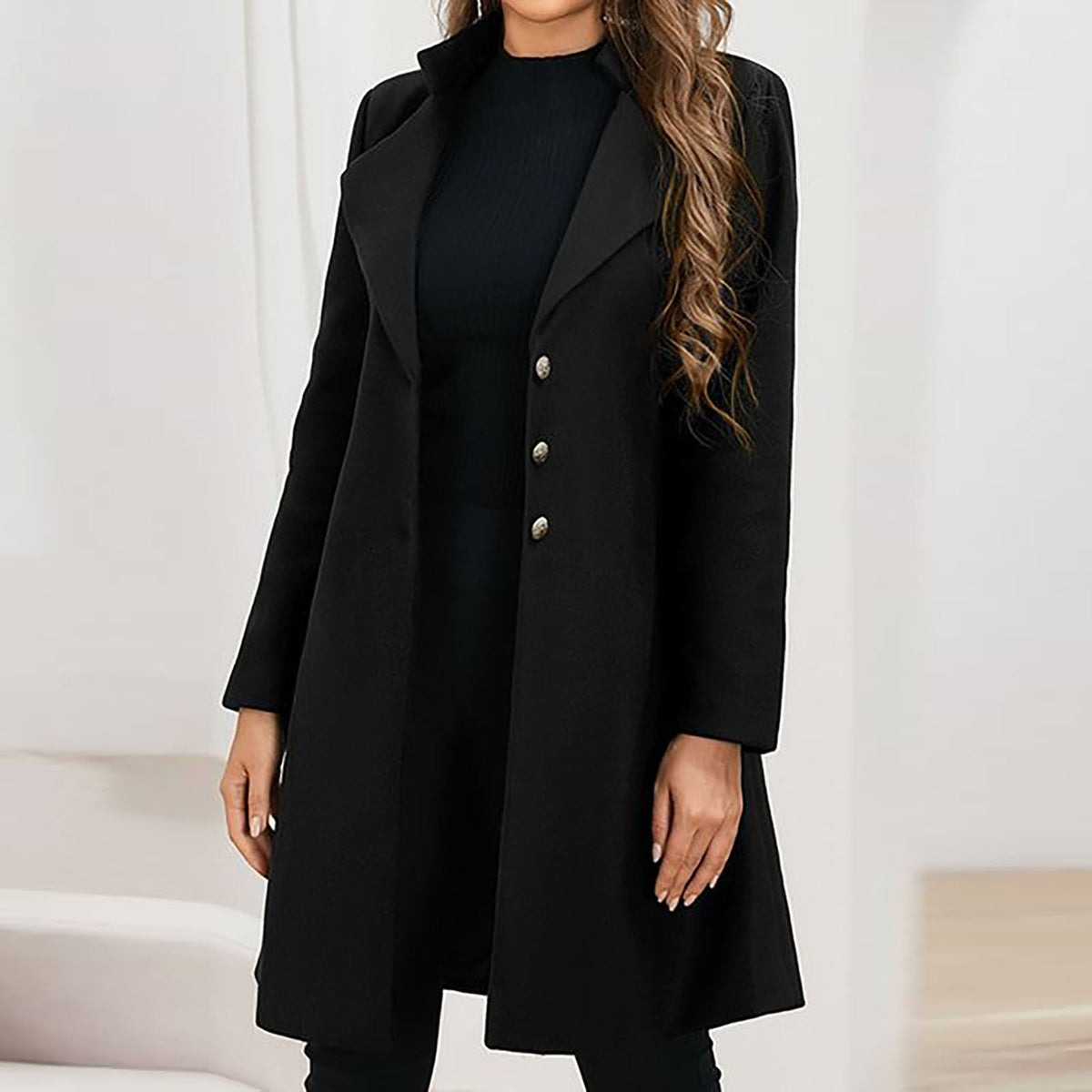 Women's Notch Lapel Long Coat in Grey - alternate angle showing fit and fabric detail