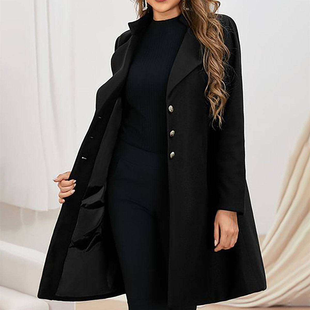Women's Notch Lapel Long Coat in Grey - alternate angle showing fit and fabric detail
