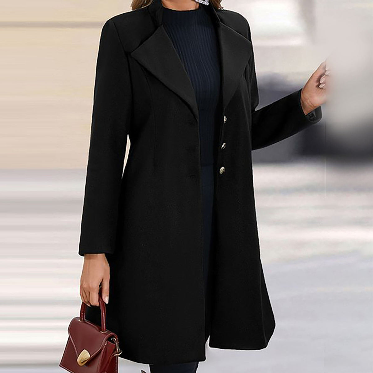 Women's Notch Lapel Long Coat in Grey - alternate angle showing fit and fabric detail