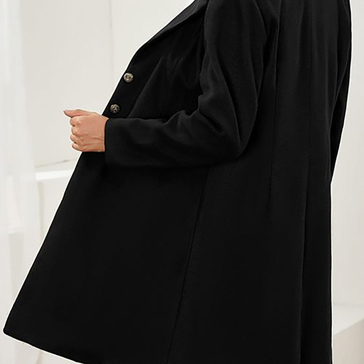 Women's Notch Lapel Long Coat in Grey - alternate angle showing fit and fabric detail