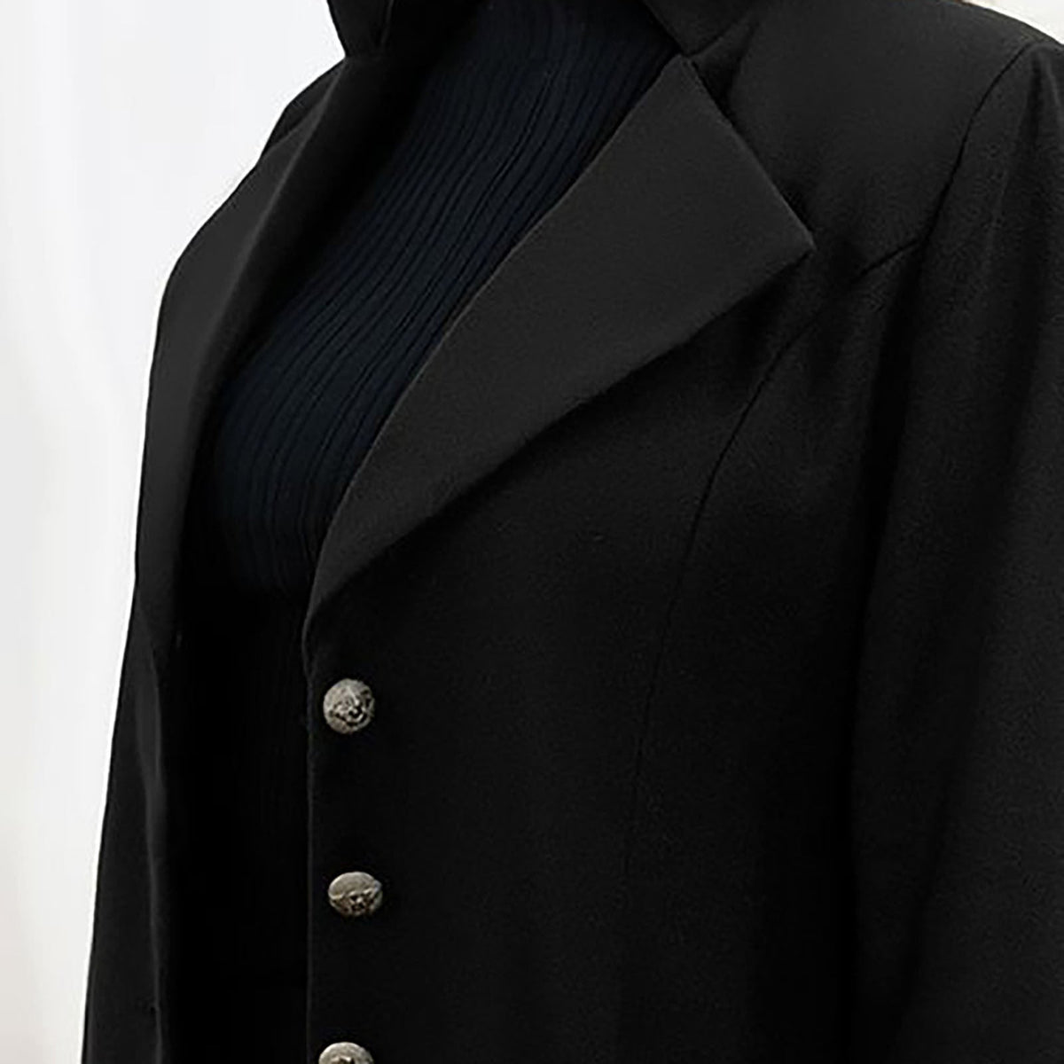 Women's Notch Lapel Long Coat in Grey - alternate angle showing fit and fabric detail