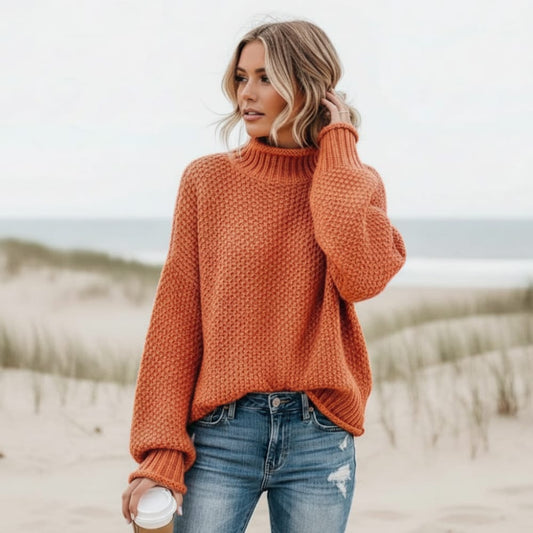 Women's Oversized Chunky Turtleneck Sweater in Burnt Orange - front view