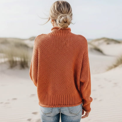 Women's Oversized Chunky Turtleneck Sweater in Burgundy - alternate angle showing fit and fabric detail