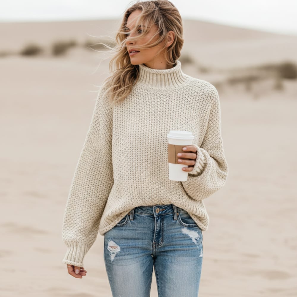 Women's Oversized Chunky Turtleneck Sweater in Off White - front view
