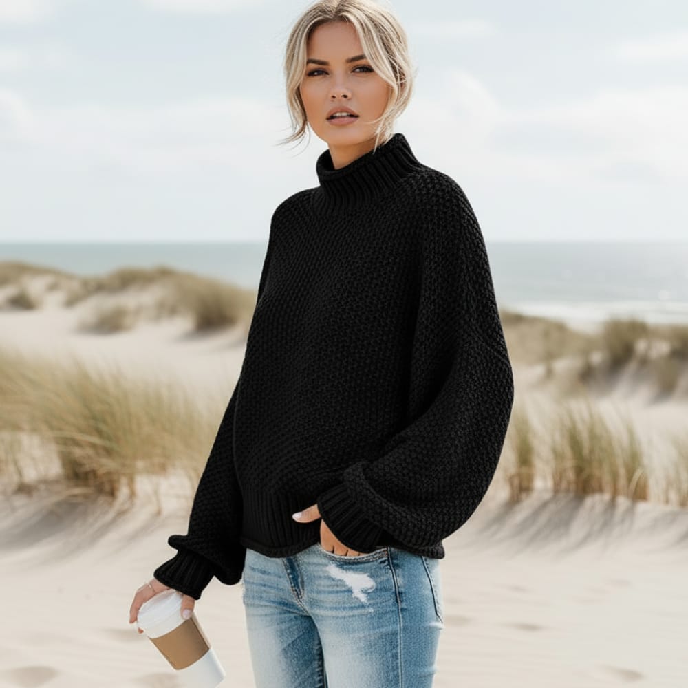 Women's Oversized Chunky Turtleneck Sweater in Black - front view