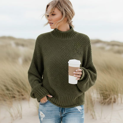 Women's Oversized Chunky Turtleneck Sweater in Army Green - front view