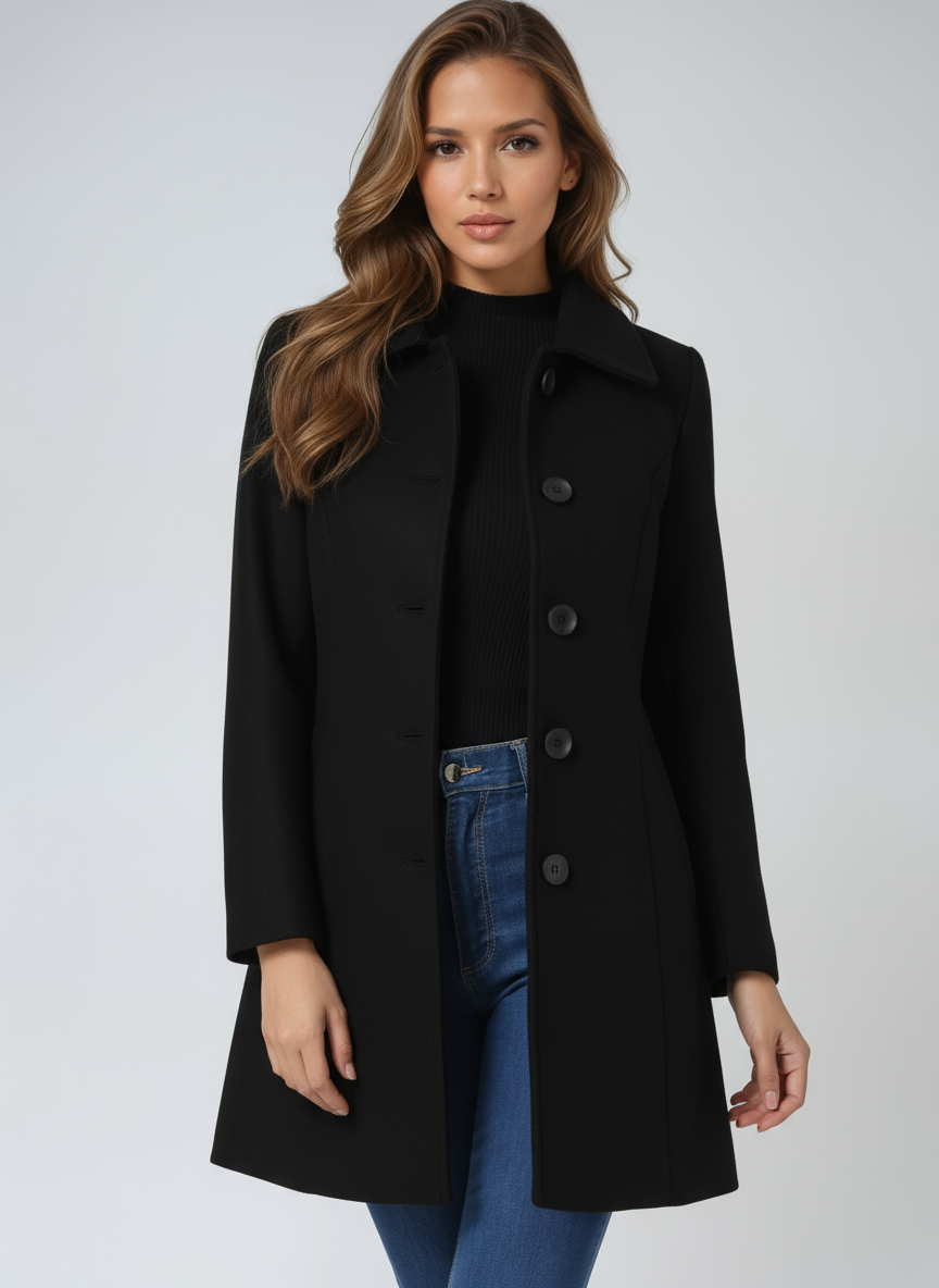 Women's Stand Collar Long Coat in Black - front view