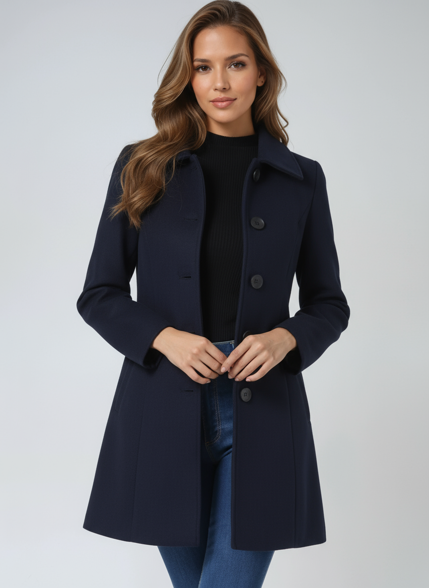 Women's Stand Collar Long Coat in Dark Blue - front view