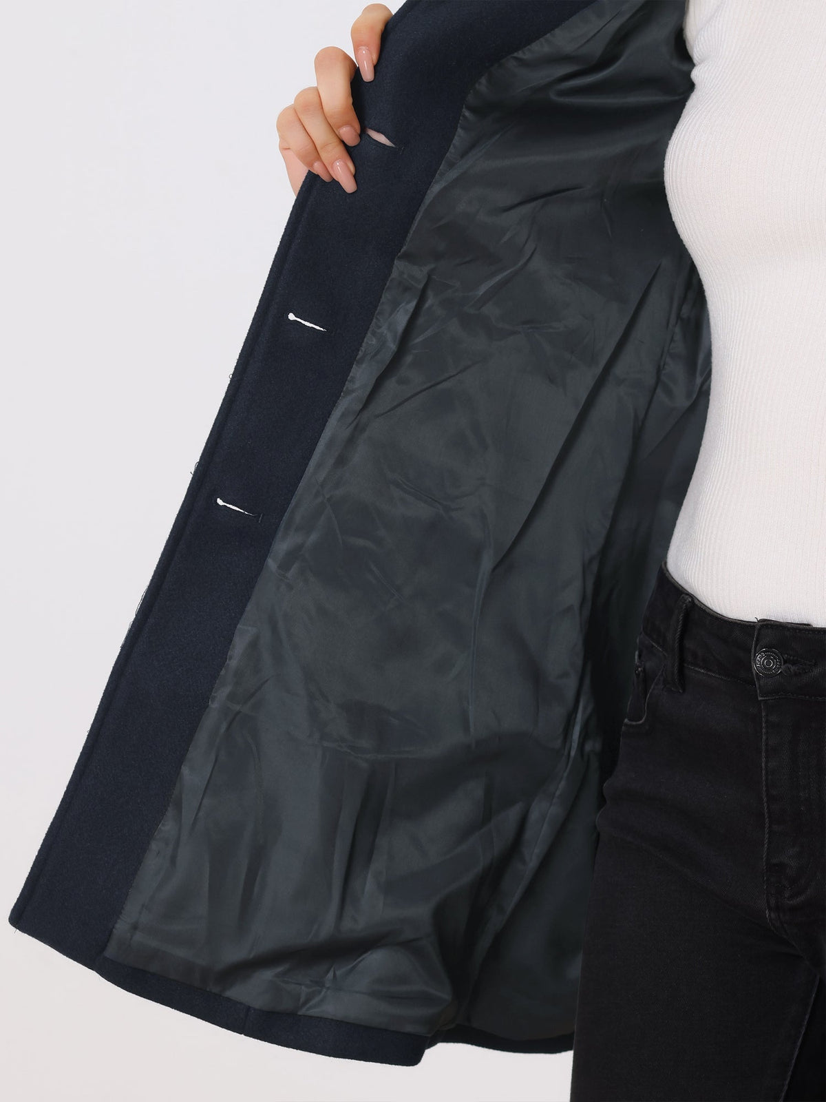 Women's Stand Collar Long Coat in Dark Blue - alternate angle showing fit and fabric detail