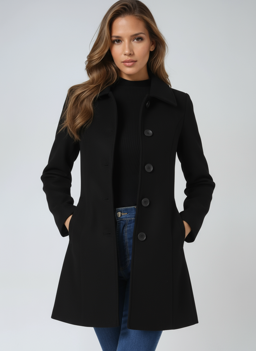 Women's Stand Collar Long Coat in Black - alternate angle showing fit and fabric detail