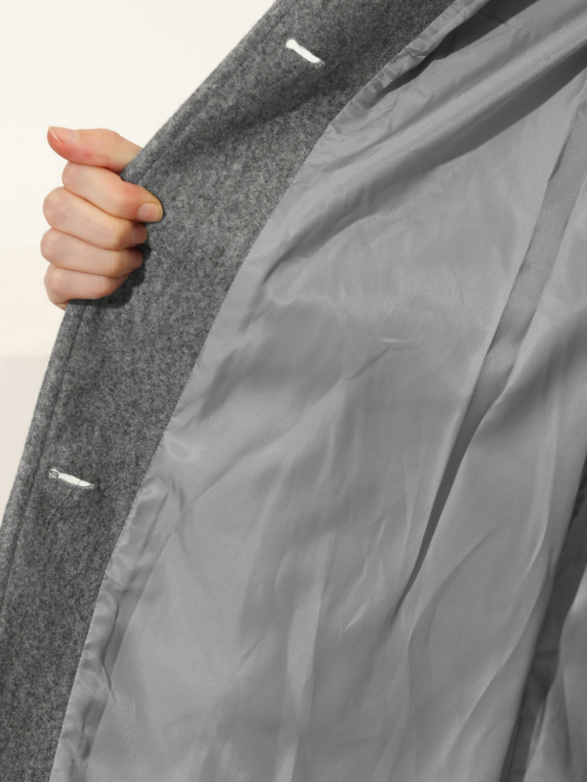 Women's Stand Collar Long Coat in Black - alternate angle showing fit and fabric detail