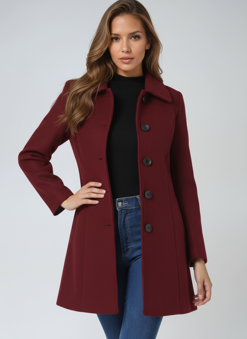 Women's Stand Collar Long Coat in Black - alternate angle showing fit and fabric detail