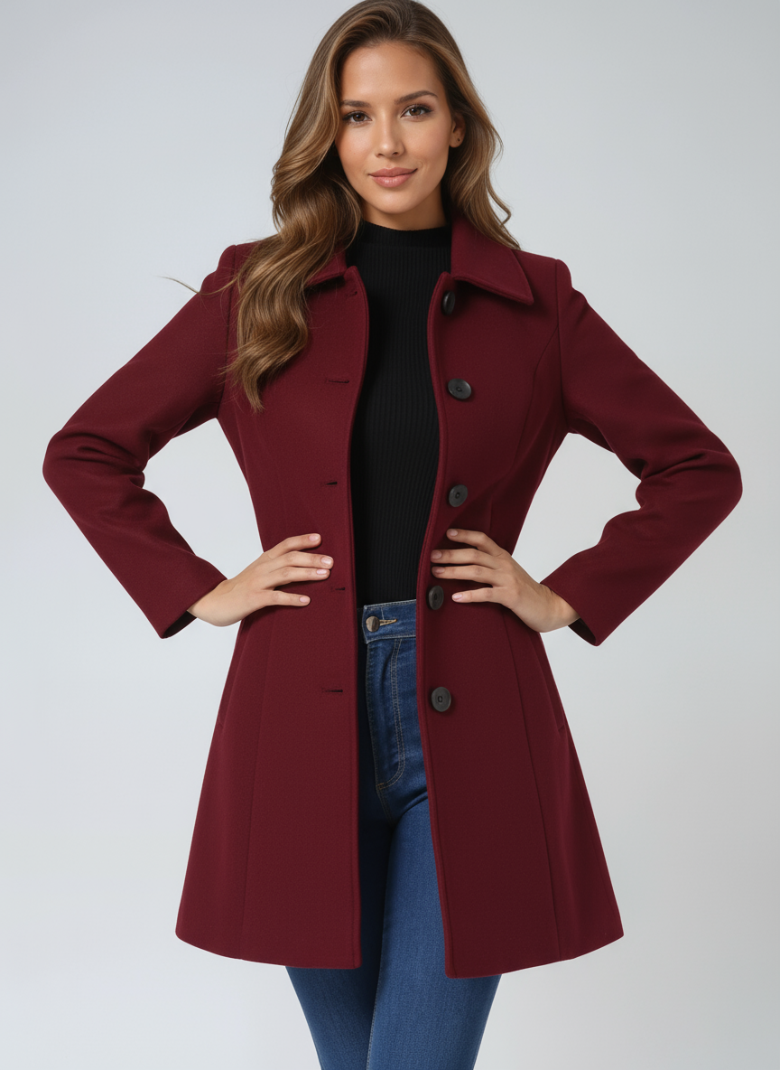 Women's Stand Collar Long Coat in Dark Red - front view