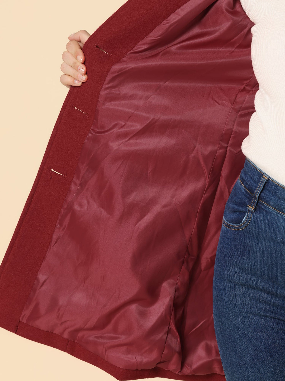 Women's Stand Collar Long Coat in Dark Red - alternate angle showing fit and fabric detail