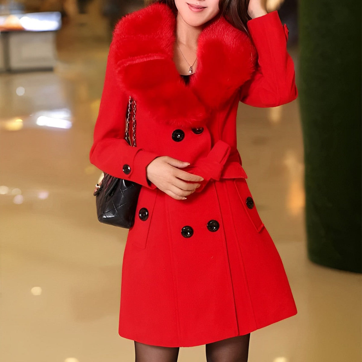 Women's Faux Fur Collar Coat - alternate angle showing fit and fabric detail