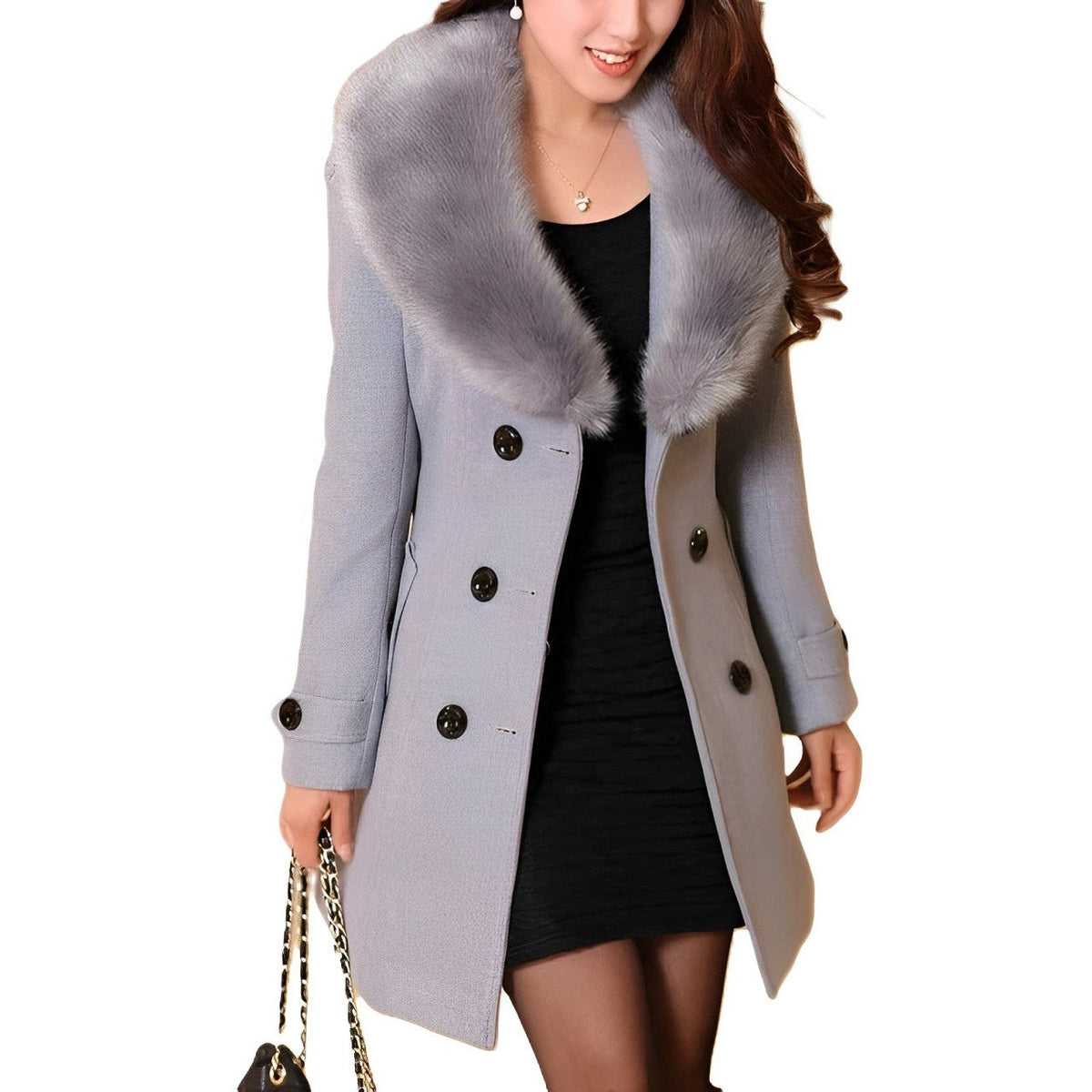 Women's Faux Fur Collar Coat in Grey - front view