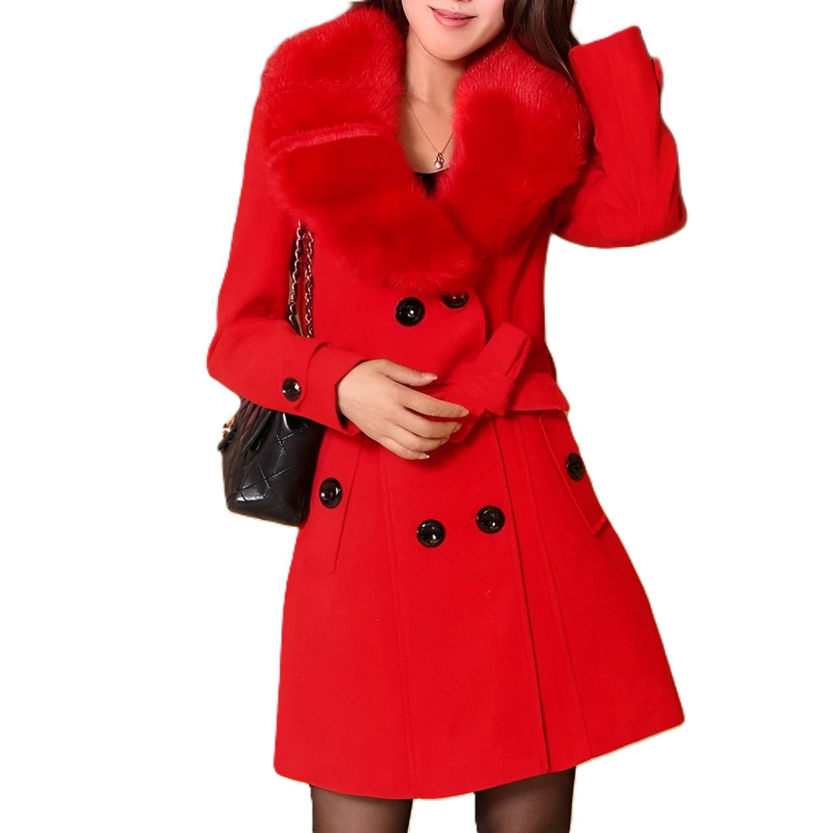 Women's Faux Fur Collar Coat in Red - front view