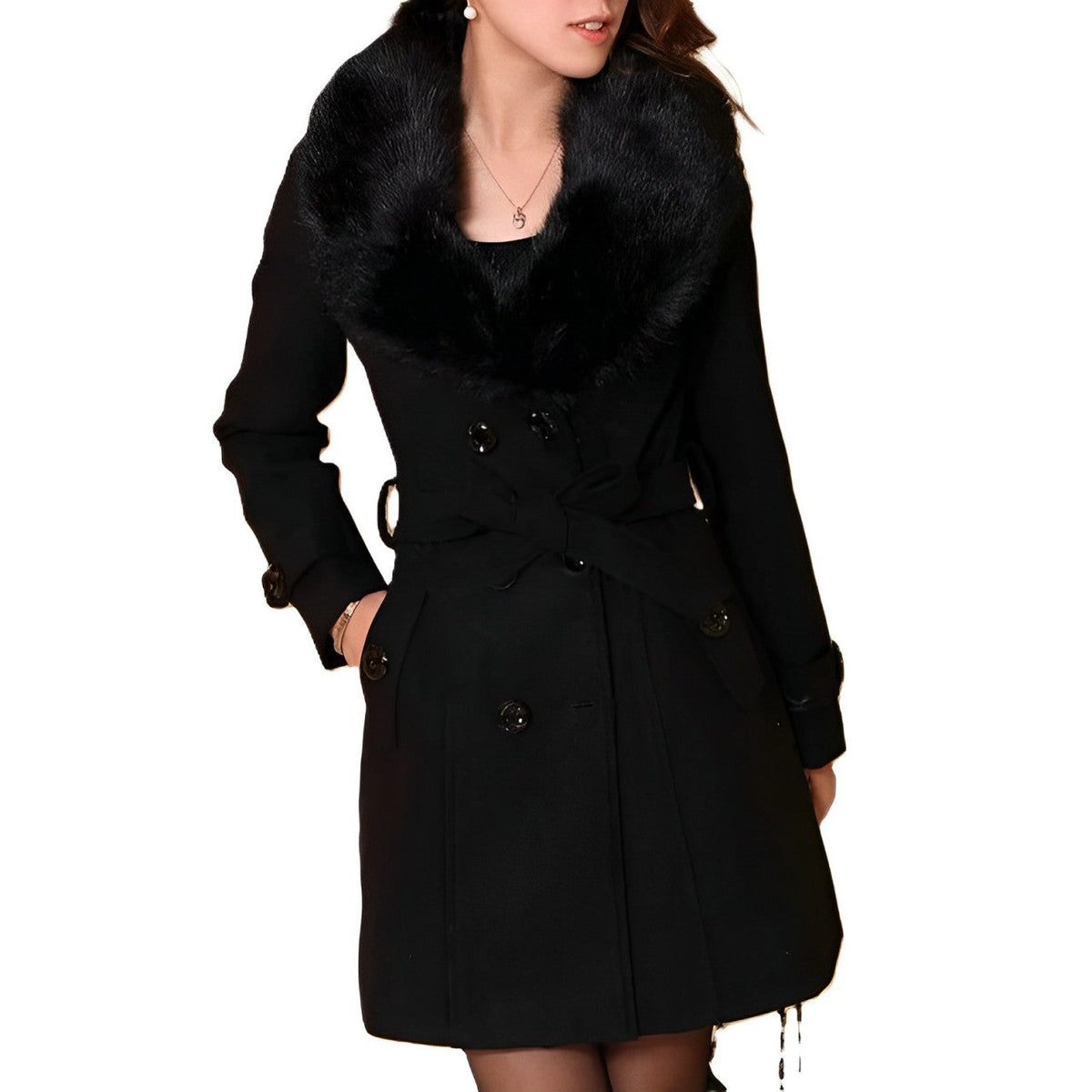 Women's Faux Fur Collar Coat in Black - front view