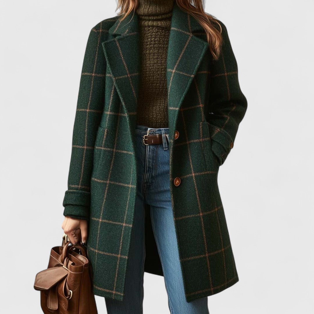 Women's Green Check Belted Coat in Dark Green - front view