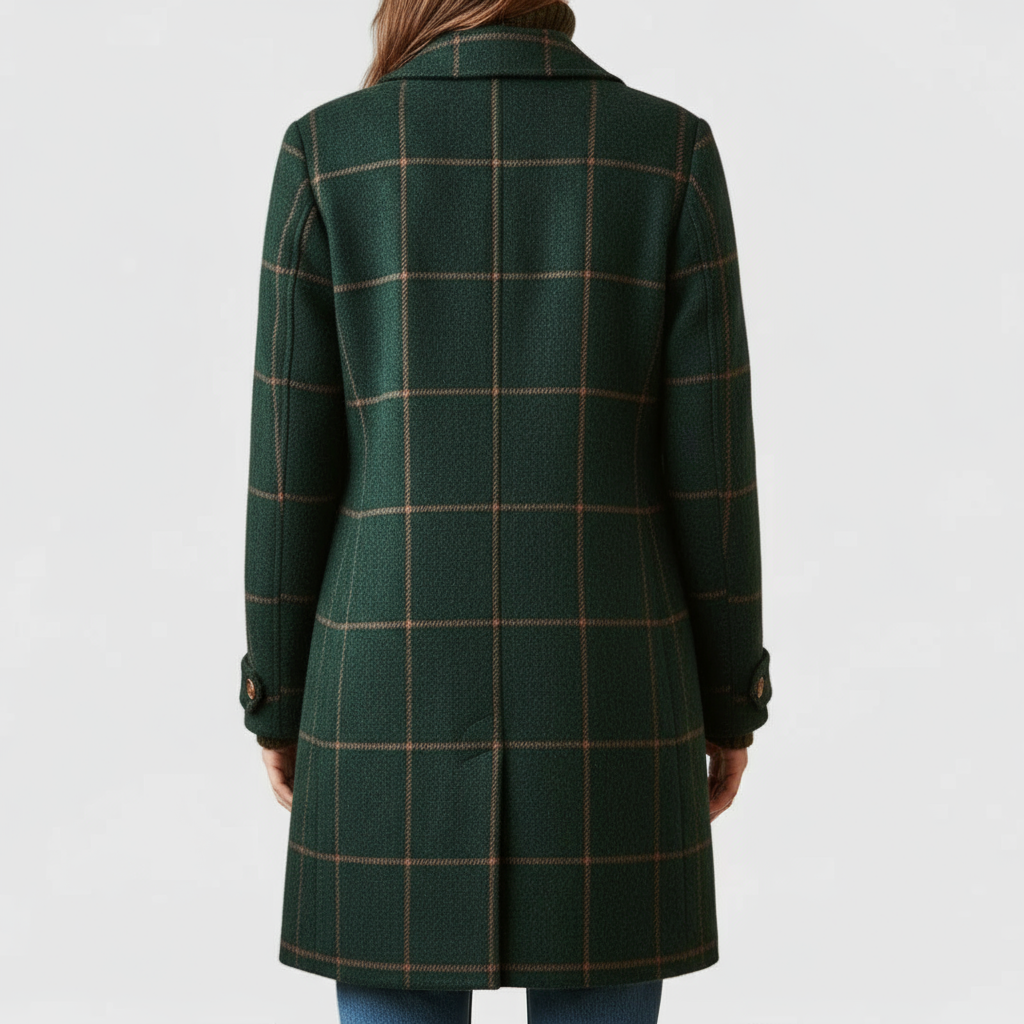 Women's Green Check Belted Coat in Dark Green - alternate angle showing fit and fabric detail