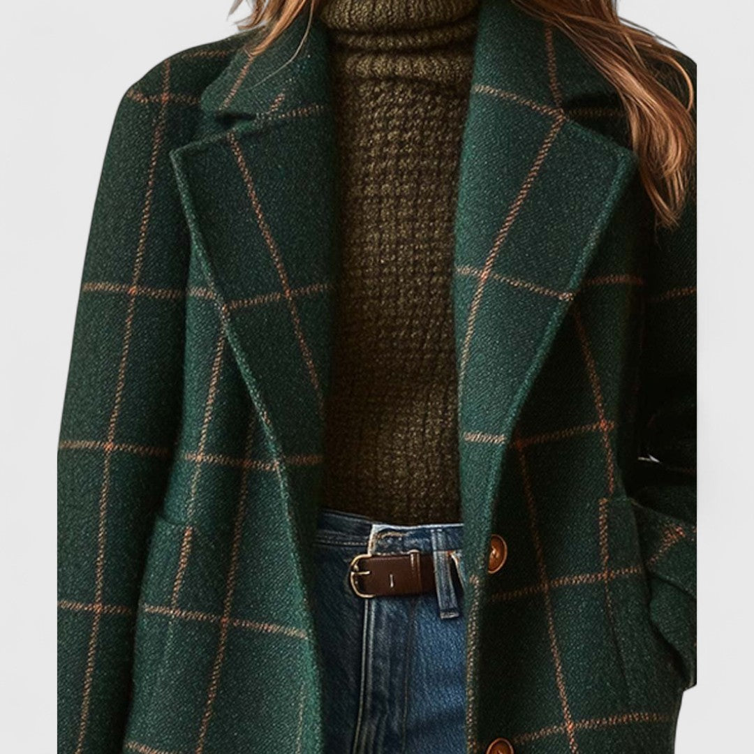 Women's Green Check Belted Coat in Dark Green - alternate angle showing fit and fabric detail