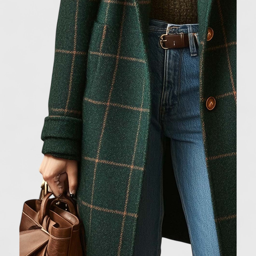 Women's Green Check Belted Coat in Dark Green - alternate angle showing fit and fabric detail
