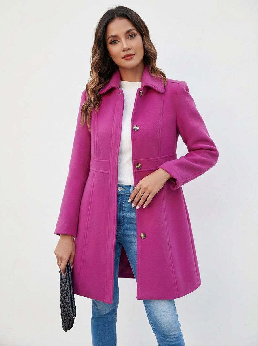 Women's Fit and Flare Coat in Pink - alternate angle showing fit and fabric detail