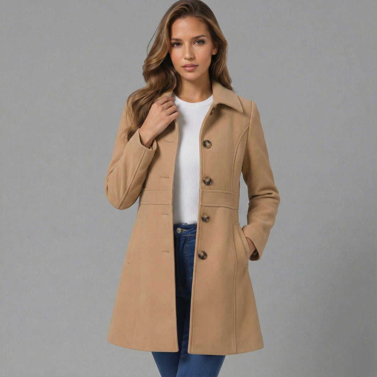 Women's Fit and Flare Coat in Khaki - front view
