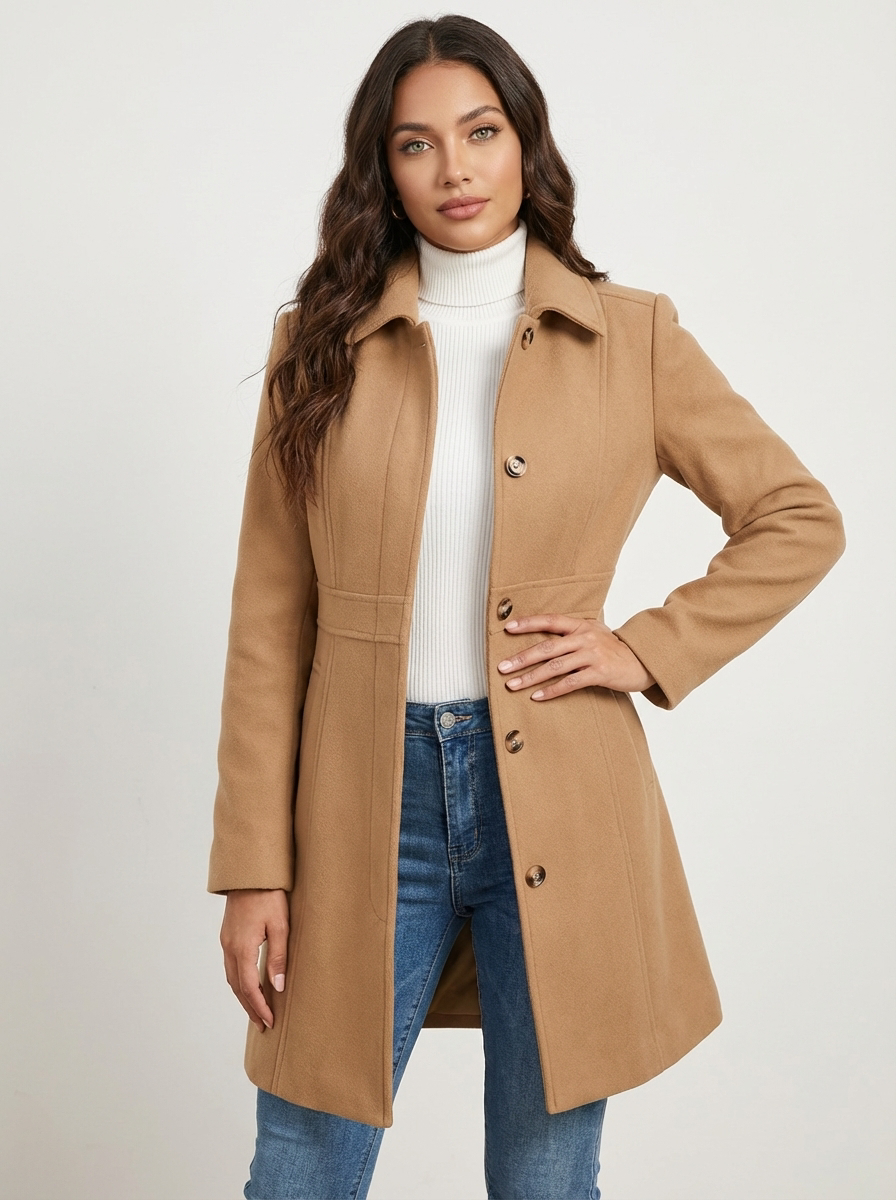 Women's Fit and Flare Coat in Khaki - alternate angle showing fit and fabric detail