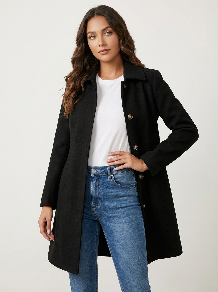 Women's Fit and Flare Coat in Black - front view