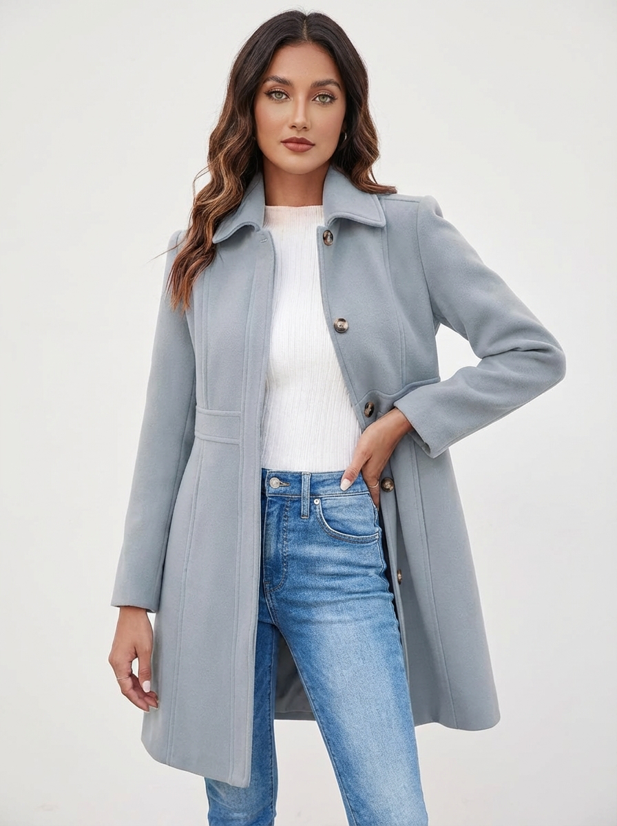 Women's Fit and Flare Coat in Grey - alternate angle showing fit and fabric detail