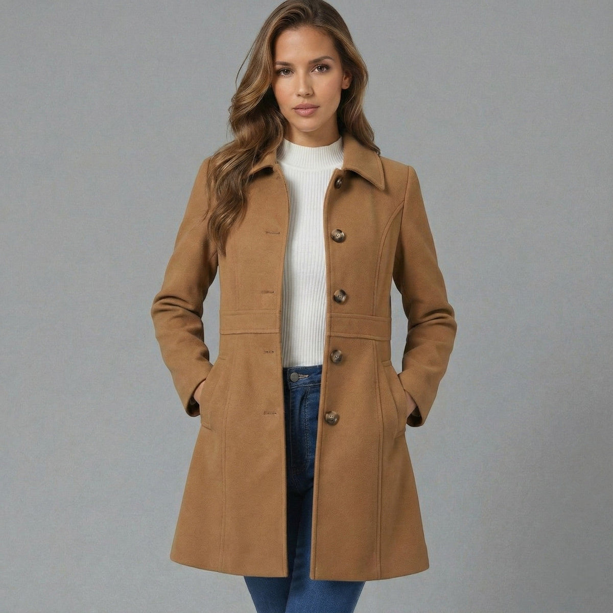 Women's Fit and Flare Coat in Brown - front view