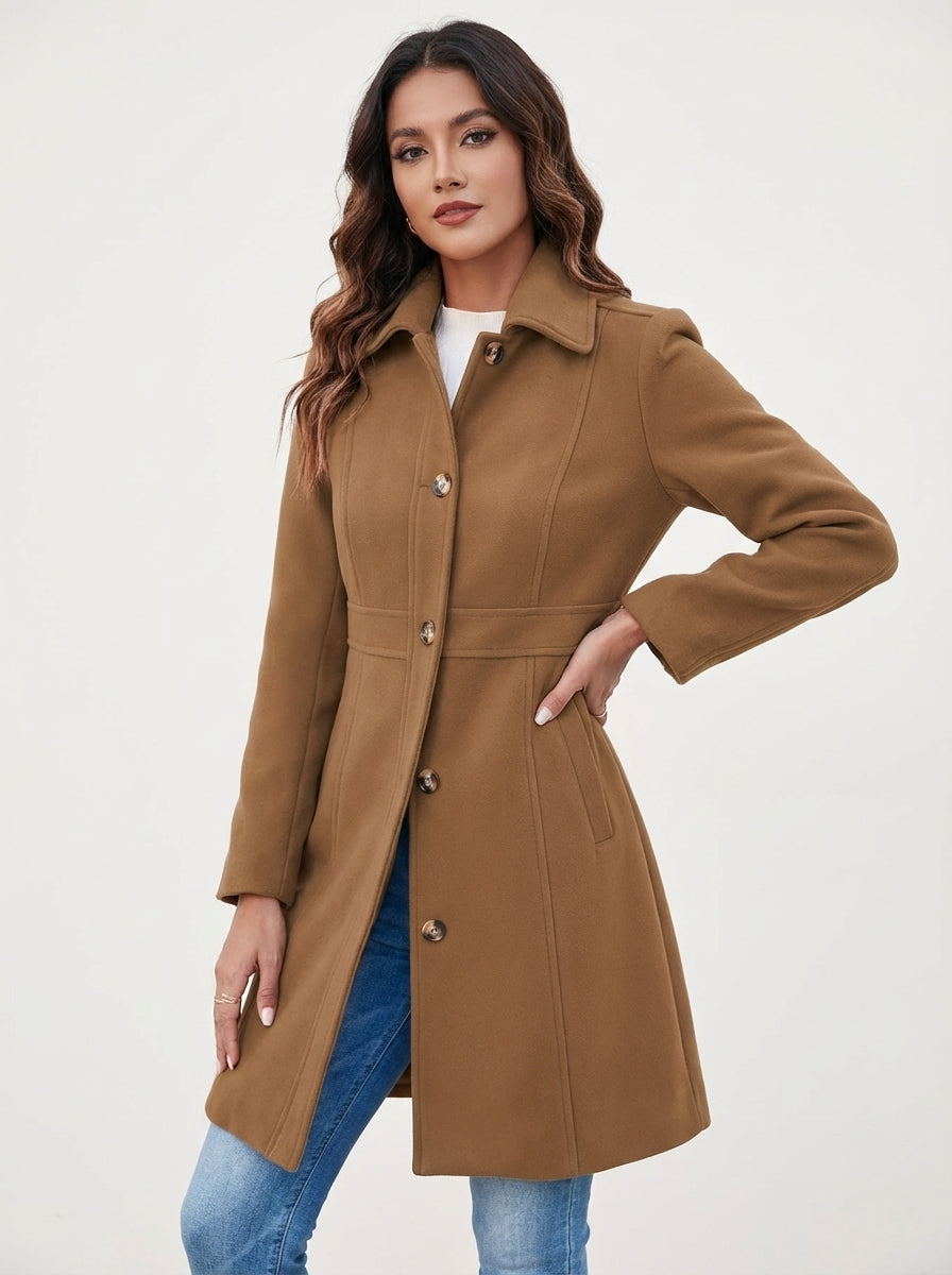 Women's Fit and Flare Coat in Brown - alternate angle showing fit and fabric detail