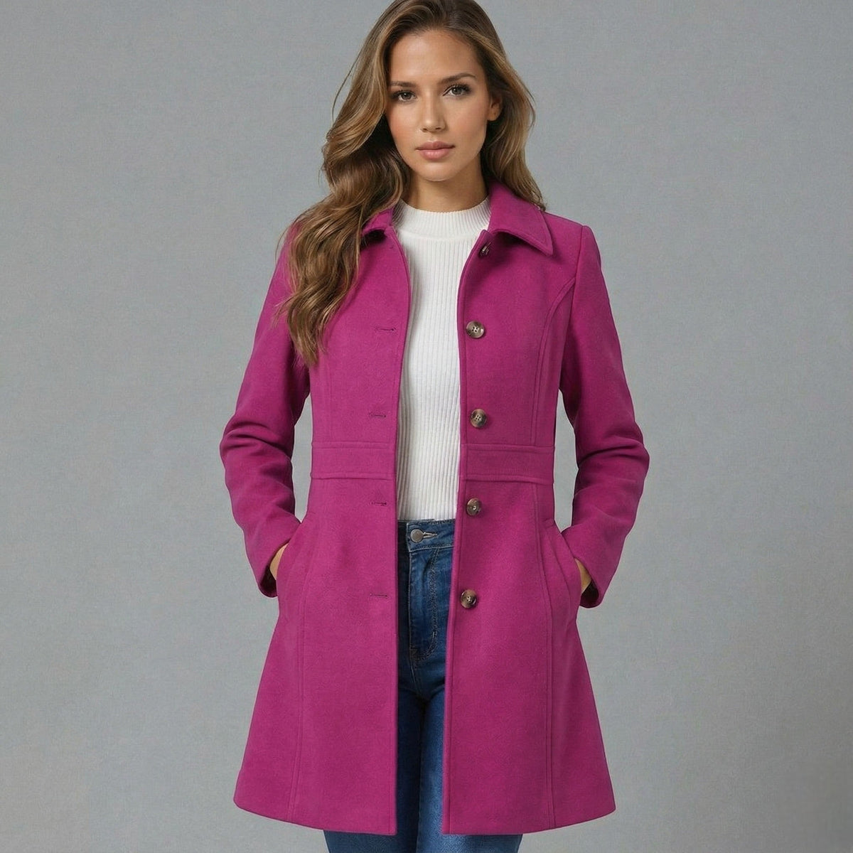 Women's Fit and Flare Coat in Pink - front view