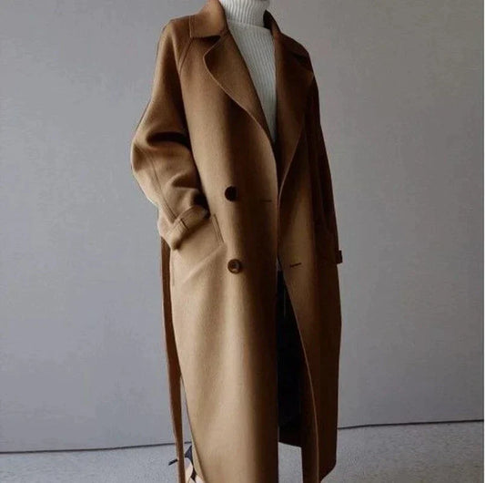 Women's Oversized Double-Breasted Long Coat in Brown - front view