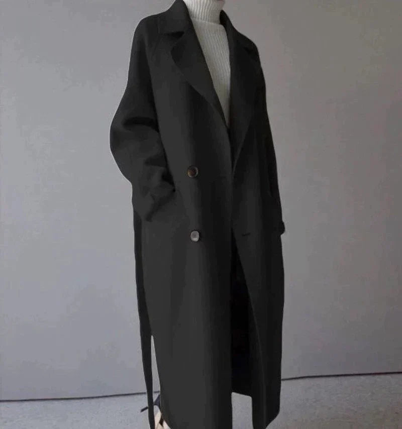 Women's Oversized Double-Breasted Long Coat in Black - front view