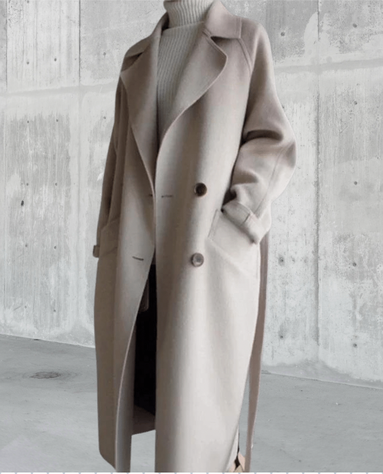 Women's Oversized Double-Breasted Long Coat in Black - alternate angle showing fit and fabric detail