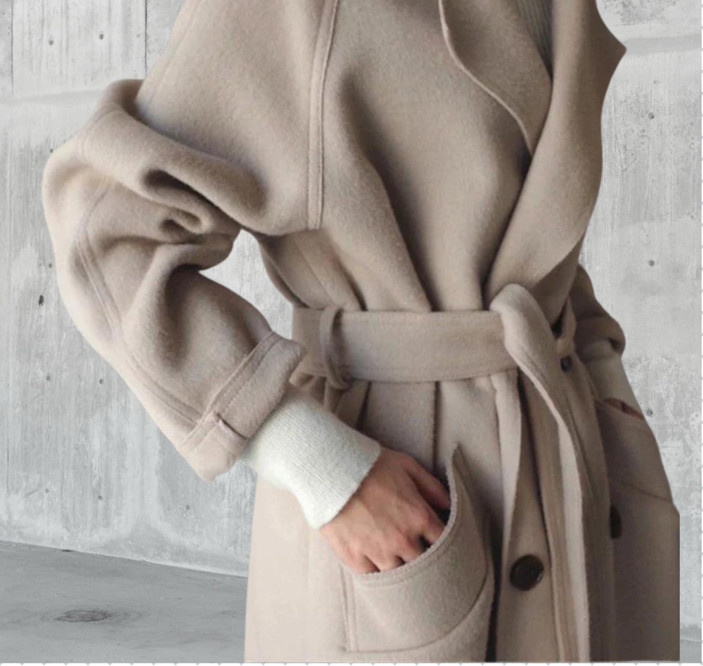 Women's Oversized Double-Breasted Long Coat in Black - alternate angle showing fit and fabric detail