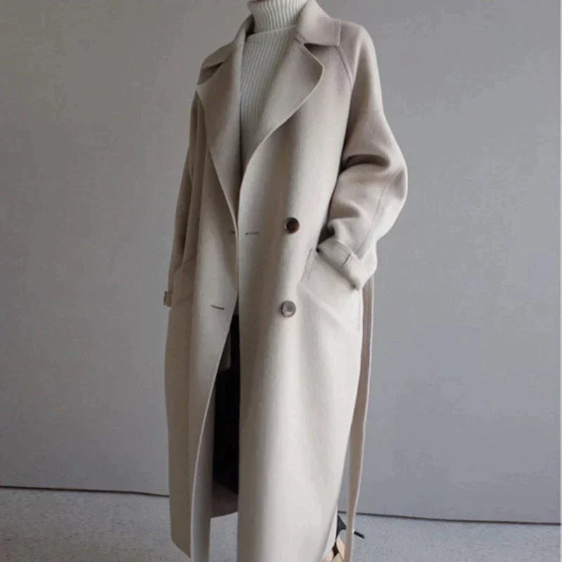 Women's Oversized Double-Breasted Long Coat in Beige - front view