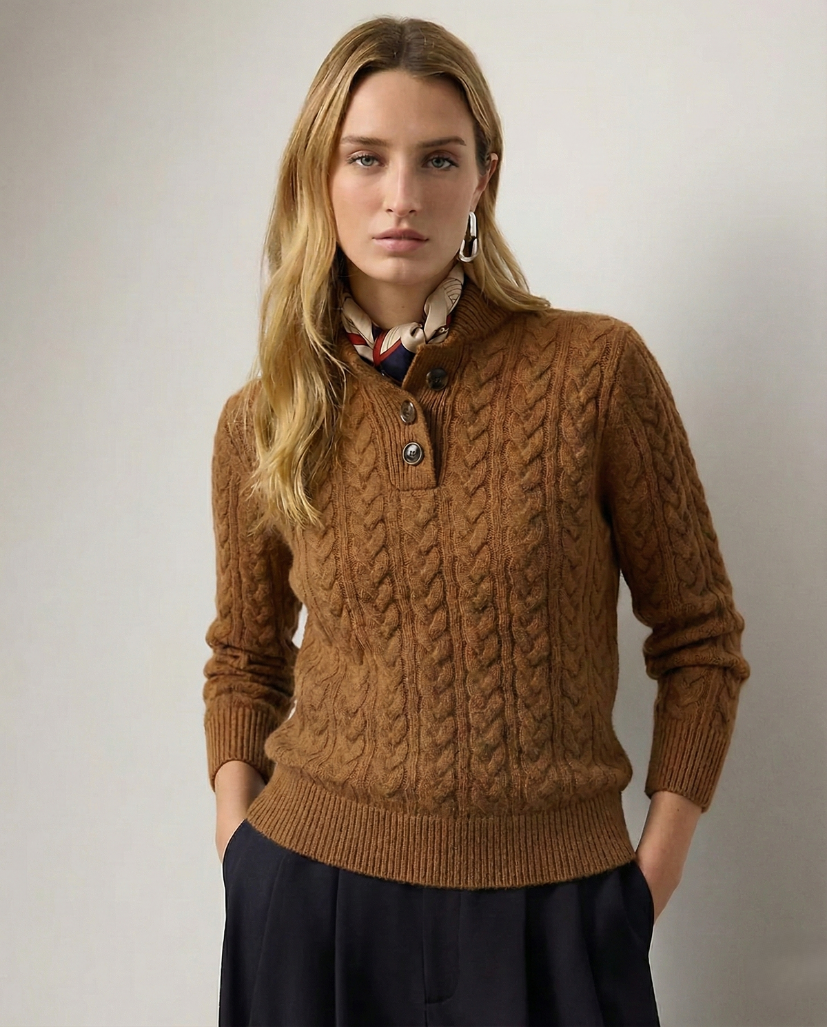 Women's Cable Knit Button Neck Sweater - main view